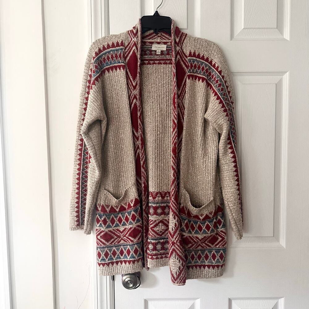 Lucky Brand Oatmeal Red Blue Southwestern Aztec Open Front Long Cardigan Large